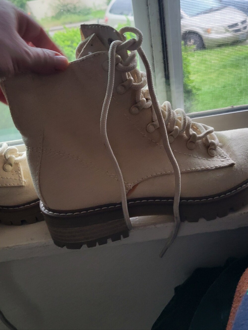 Women's Cream Canvas Lace-Up Ankle Boots